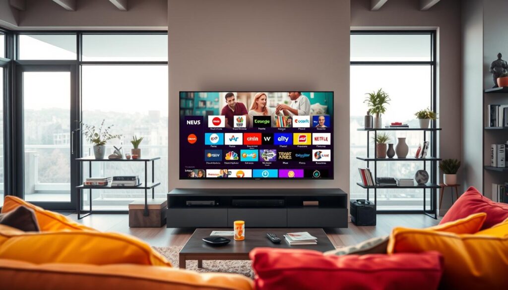 A modern living room interior featuring a sleek flat-screen TV displaying a vibrant array of German television channels, showcasing various genres like news, sports, entertainment, and family content. The foreground includes a comfortable sofa with colorful cushions, a stylish coffee table adorned with a remote control and snacks. In the middle ground, the TV is prominently positioned, surrounded by decorative shelves displaying books and plants. The background features large windows letting in soft, natural light, creating a warm atmosphere. The image captures a cozy and inviting mood, emphasizing the diversity of programming available through Horizon IPTV. Use realistic lighting to highlight the details, creating an engaging scene that draws viewers in.