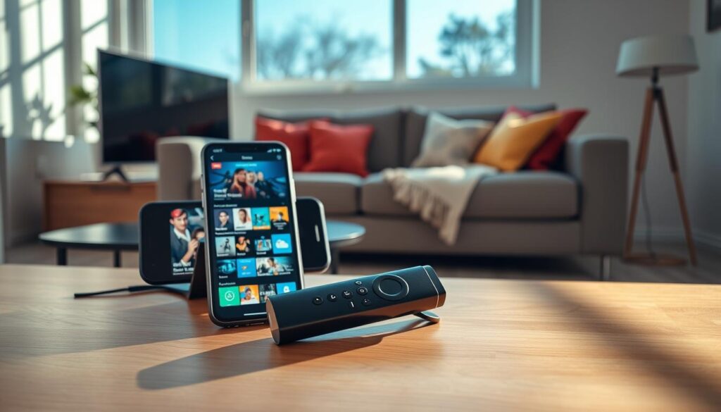 A modern living room scene featuring a sleek Amazon Fire Stick plugged into a television. In the foreground, a stylish coffee table holds a remote control and a smartphone displaying a popular IPTV app interface. The middle ground showcases a cozy sofa adorned with colorful cushions, inviting viewers to relax and enjoy their favorite shows. The background includes a large window allowing natural light to filter in, creating a warm and inviting atmosphere. Soft shadows dance across the room, enhancing the serene mood. The scene is captured with a slight angle, simulating the viewer's perspective as they settle in for an evening of entertainment. The overall composition evokes comfort, technology, and the joy of streaming.
