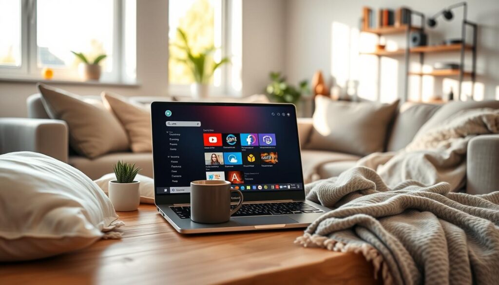A modern living room scene featuring a sleek Windows laptop displaying an IPTV player interface on the screen. The foreground includes the half-open laptop on a wooden table surrounded by soft pillows and a cozy blanket. In the middle, a stylish coffee mug sits beside the laptop, and a small plant adds a touch of greenery. The background showcases a well-lit room with a large window letting in warm, natural sunlight, highlighting a comfortable sofa and a decorative shelf filled with books and gadgets. The atmosphere is inviting and relaxing, perfect for streaming media. Use soft, diffused lighting to create an airy and friendly ambiance, capturing the essence of everyday streaming enjoyment.