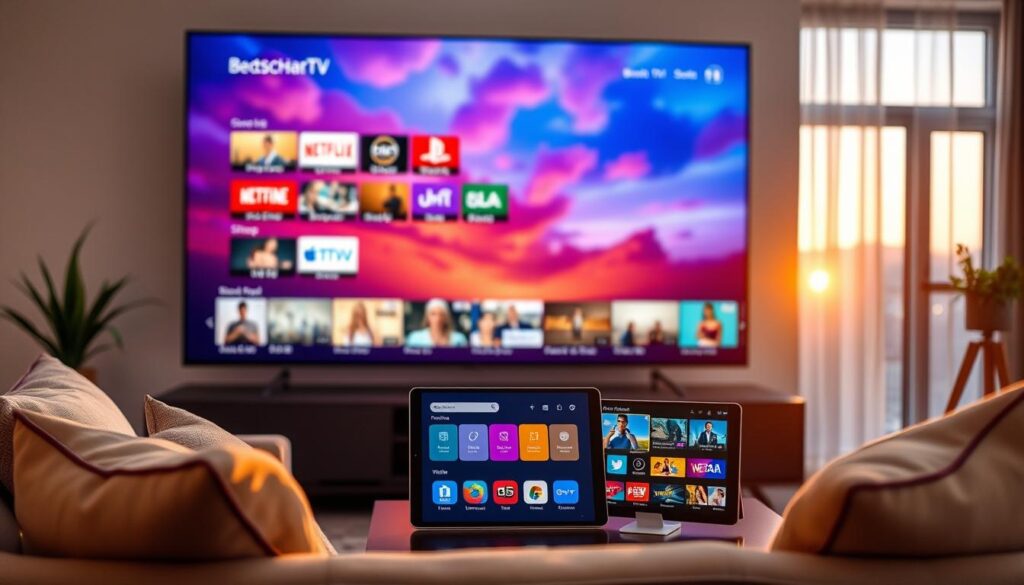 A modern living room scene featuring a sleek flat-screen television displaying a vibrant array of channels from an IPTV service, with breathtaking clarity and vivid colors. In the foreground, a comfortable sofa adorned with stylish throw pillows is positioned invitingly, inviting viewers to enjoy their favorite shows. In the middle ground, a tablet rests on a stylish coffee table, showcasing a user-friendly interface of the IPTV menu, demonstrating diverse channel options. The background is softly lit with warm ambient lighting, enhancing the cozy atmosphere. Through a large window, the soft glow of sunset filters in, casting gentle reflections on the TV screen. This image conveys a sense of relaxation and modern entertainment, highlighting the excitement of diverse viewing options and high-quality streaming experiences. A modern living room scene featuring a sleek flat-screen television displaying a vibrant array of channels from an IPTV service, with breathtaking clarity and vivid colors. In the foreground, a comfortable sofa adorned with stylish throw pillows is positioned invitingly, inviting viewers to enjoy their favorite shows. In the middle ground, a tablet rests on a stylish coffee table, showcasing a user-friendly interface of the IPTV menu, demonstrating diverse channel options. The background is softly lit with warm ambient lighting, enhancing the cozy atmosphere. Through a large window, the soft glow of sunset filters in, casting gentle reflections on the TV screen. This image conveys a sense of relaxation and modern entertainment, highlighting the excitement of diverse viewing options and high-quality streaming experiences.