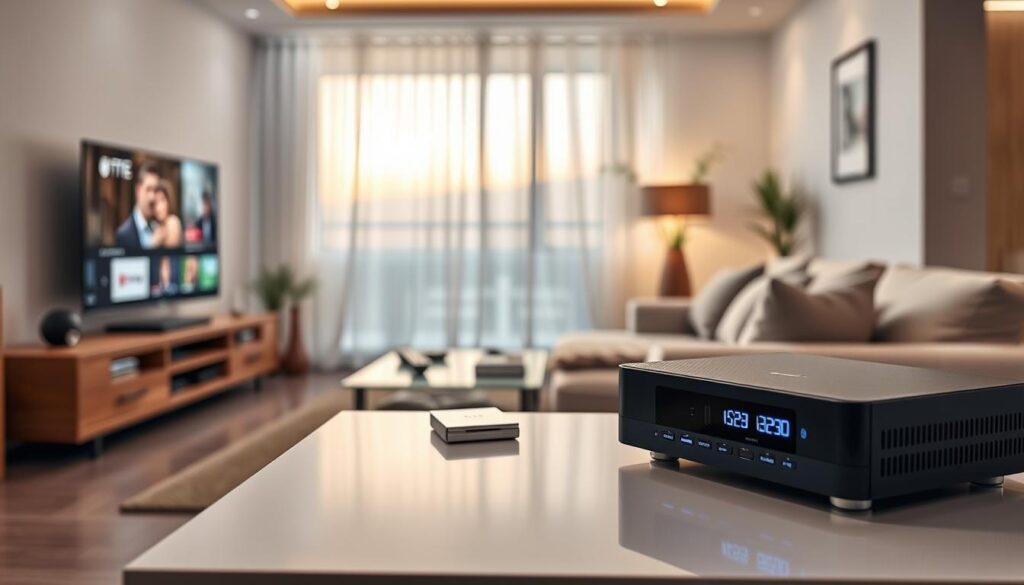 A modern living room scene featuring a stylish IPTV player on a sleek entertainment center. In the foreground, the IPTV player is illuminated with soft ambient lighting, showcasing its high-tech features such as LED lights and a digital display. In the middle ground, a comfortable sofa with plush cushions faces a large flat-screen TV, displaying vibrant streaming content. Various media devices, including remote controls and a small stack of DVDs, surround the player. In the background, a cozy window with sheer curtains allows natural daylight to filter in, enhancing the inviting atmosphere. The decor is contemporary, with neutral tones accented by splashes of color. The mood is relaxed and contemporary, perfect for home entertainment.