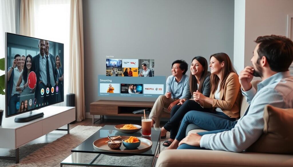 A modern living room scene showcasing a sleek TV with IPTV interface, highlighting various streaming options. In the foreground, a family of four, dressed in professional, casual clothing, sits on a comfortable couch, engaged and smiling as they navigate the IPTV content. The middle layer features a stylish coffee table with snacks and drinks, adding warmth to the environment. The background includes a softly lit window with curtains that filter in natural daylight, creating a cozy atmosphere. The lighting is bright yet gentle, highlighting the interactions. The angle focuses on the family's joyful expressions and the TV screen, giving a sense of shared experience and optimal IPTV usage. The mood is energetic and inviting, perfect for an article about streaming solutions.