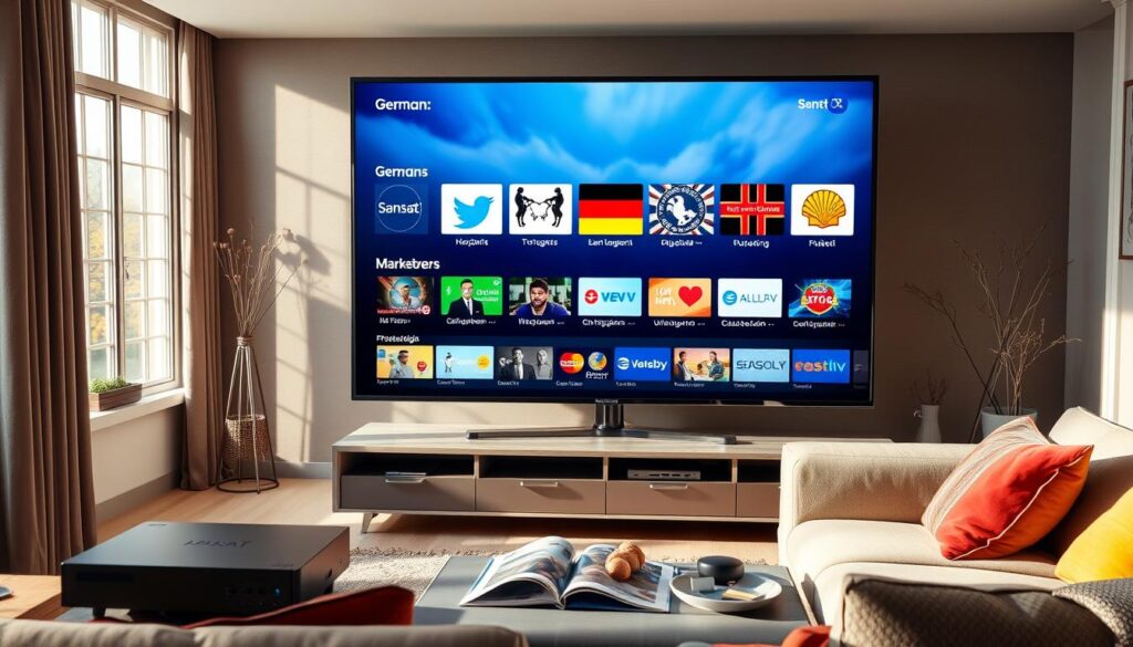 A modern living room scene showcasing a sleek, large flat-screen TV prominently displaying different German television channels. The foreground features a stylish entertainment console with various streaming devices, including a sansat IPTV box. The middle ground includes a comfortable sofa with colorful cushions, and a coffee table adorned with magazine and snacks. Soft, ambient lighting creates a cozy atmosphere, with sunlight streaming through large windows, casting gentle shadows. The background features tasteful decor that emphasizes a contemporary aesthetic. The mood conveys relaxation and readiness for entertainment, emphasizing quality IPTV viewing experience. The scene is captured from a slightly elevated angle, showcasing the vibrant colors on the TV screen and the inviting warmth of the room.