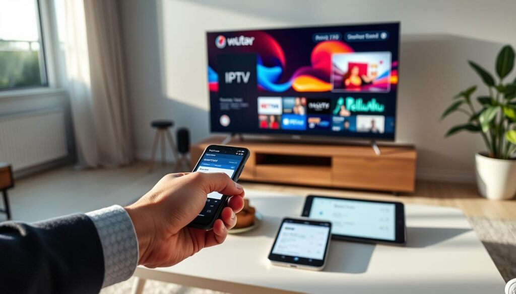 A modern living room scene showcasing a sleek smart TV displaying vibrant 8K content related to IPTV. In the foreground, a focused hand is shown interacting with a stylish remote control, symbolizing the payment and activation process. In the middle, there’s an elegant coffee table adorned with a smartphone showing a payment app interface, along with a tablet displaying IPTV subscription details. Soft, natural lighting from a window casts gentle shadows, creating a welcoming atmosphere. The background features minimalist decor and a hint of greenery, enhancing the sense of a contemporary home. The overall mood is engaging and professional, emphasizing technology and ease of use in activating IPTV services.