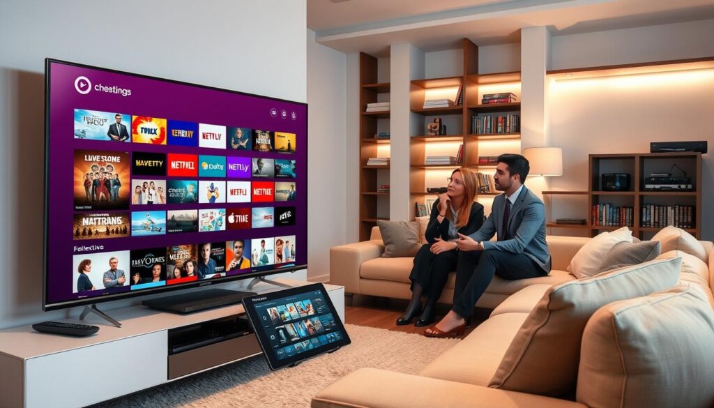 A modern living room scene showcasing a variety of live streaming channels and a VOD library. In the foreground, there’s a sleek, large TV displaying a colorful interface filled with thumbnails of different shows and films, reflecting a diverse selection. Beside the TV, a console with a remote control and a tablet showing an online guide. In the middle ground, a comfortable couch with professional individuals dressed in casual business attire, discussing their viewing options. The background features a stylish bookshelf with DVDs and streaming devices, adorned with soft lighting creating a warm, inviting atmosphere. The room is bright and well-organized, emphasizing a sense of modern technology and entertainment choices.