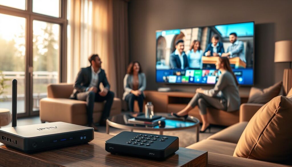 A modern living room scene showcasing an IPTV box in action. In the foreground, a sleek IPTV box connected to a flat-screen television displaying vibrant streaming content. The middle layer features a cozy sofa with a remote control on a stylish coffee table, and a family of four in professional business attire, engaged in watching a program together, expressing joy and excitement. In the background, a large window allows warm sunlight to fill the room, casting soft shadows and creating a welcoming atmosphere. The color palette includes warm earth tones, with contrasting cool tones from the TV screen. The image should evoke a sense of comfort, connectivity, and modern technology, captured with natural lighting and a soft focus effect for a relaxed ambiance.