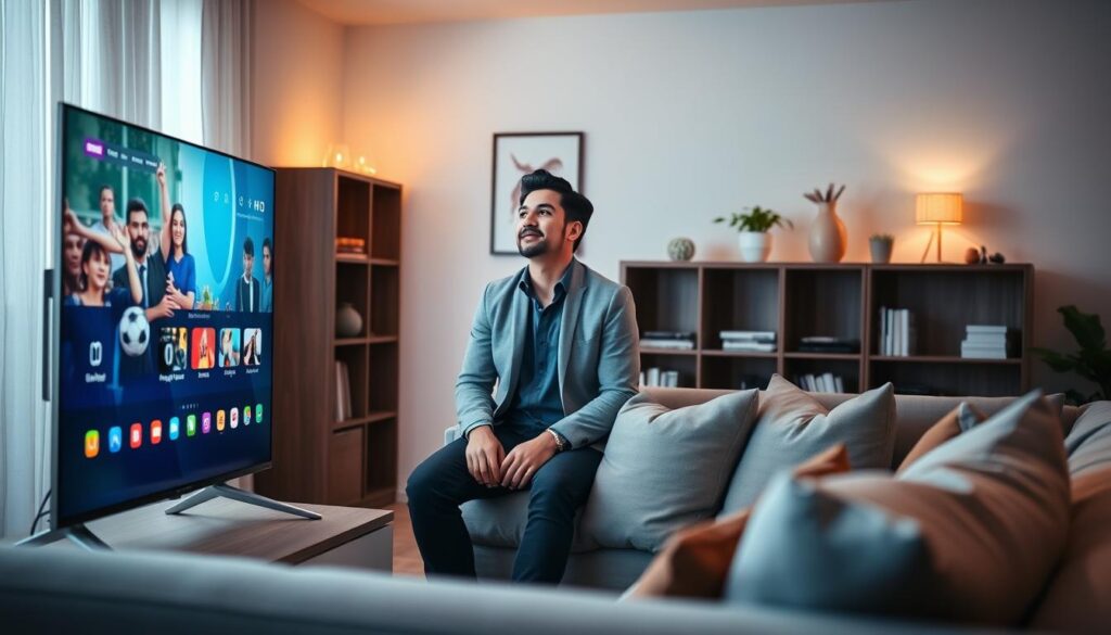 A modern living room scene showcasing streaming IPTV in Italy. In the foreground, a sleek flat-screen TV displays vibrant HD graphics from an IPTV streaming interface, with bright, clear colors and fine details. To the side, a comfortable sofa with stylish cushions invites viewers to relax. In the middle, a person of Italian descent, dressed in smart casual attire, is attentively watching the TV, their expression reflecting enjoyment and engagement. Soft, ambient lighting fills the room, creating a warm and inviting atmosphere. In the background, a stylish bookshelf and subtle Italian decor add cultural context. The overall mood is cozy and engaging, emphasizing high-quality audio-visual experiences. The scene should be well-composed and visually appealing, highlighting the topic of streaming quality.