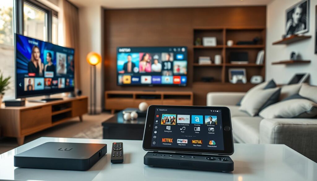 A modern living room scene showcasing various compatible devices for lux IPTV. In the foreground, a sleek flat-screen TV displays vibrant streaming content, while a stylish set-top box sits beside it. A tablet and a smartphone showing the lux IPTV app are positioned on a coffee table, surrounded by remote controls. In the middle ground, a comfortable sofa with soft cushions invites a relaxed atmosphere, adorned with subtle decor elements. Warm, natural lighting filters through a large window, creating a cozy ambiance. In the background, shelves with tech gadgets like a gaming console, a smart speaker, and a laptop hint at the diverse usage possibilities. Overall, the mood is inviting and tech-savvy, reflecting modern entertainment and connectivity. A modern living room scene showcasing various compatible devices for lux IPTV. In the foreground, a sleek flat-screen TV displays vibrant streaming content, while a stylish set-top box sits beside it. A tablet and a smartphone showing the lux IPTV app are positioned on a coffee table, surrounded by remote controls. In the middle ground, a comfortable sofa with soft cushions invites a relaxed atmosphere, adorned with subtle decor elements. Warm, natural lighting filters through a large window, creating a cozy ambiance. In the background, shelves with tech gadgets like a gaming console, a smart speaker, and a laptop hint at the diverse usage possibilities. Overall, the mood is inviting and tech-savvy, reflecting modern entertainment and connectivity.