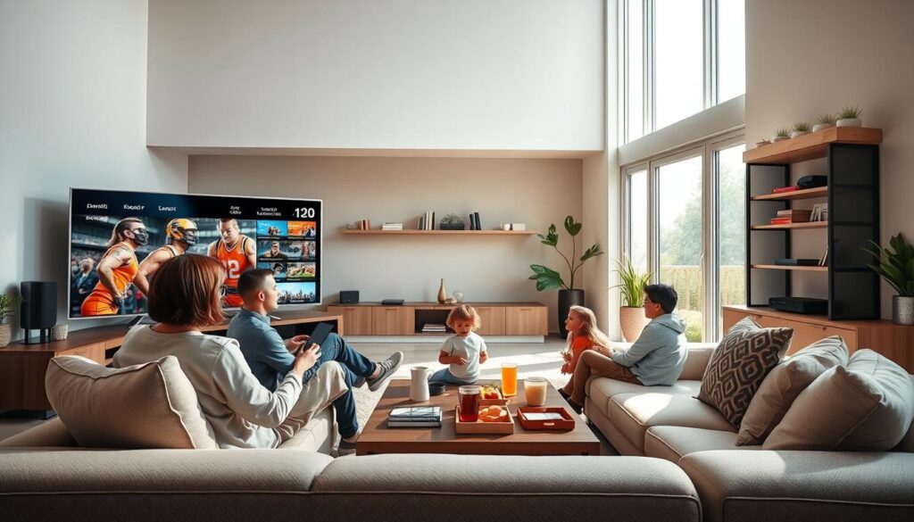 A modern living room setting designed for optimal streaming experience, featuring a sleek flat-screen TV displaying vibrant IPTV content. In the foreground, a family of four—two adults in professional, casual attire and two children—are comfortably seated on a stylish sofa, engrossed in the screen. The middle ground showcases a coffee table with snacks and drinks, enhancing the relaxed atmosphere. Bright, natural light streams in from large windows, creating a warm and inviting ambiance. The background includes aesthetic elements like a decorative shelf with tech gadgets and houseplants, emphasizing a tech-savvy environment. The overall mood is cozy and engaging, reflecting a perfect family viewing experience with SmartOne IPTV.