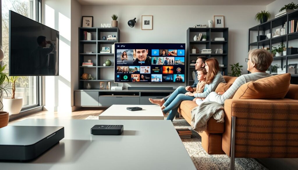 A modern living room setting featuring a family engaging with an IPTV service on a large flat-screen television. In the foreground, show a sleek coffee table with a streaming device and a remote control, emphasizing the theme of digital entertainment. The middle ground highlights a cozy sofa where a diverse family—two adults and two children—are dressed in casual yet presentable clothing, enjoying their IPTV content. The background displays various shelves with books, plants, and decorative items, creating a warm and inviting atmosphere. Natural light pours in through a window, casting soft shadows and enhancing the cozy yet tech-savvy environment. Aim for a realistic and vibrant color palette, capturing the essence of contemporary German television culture.
