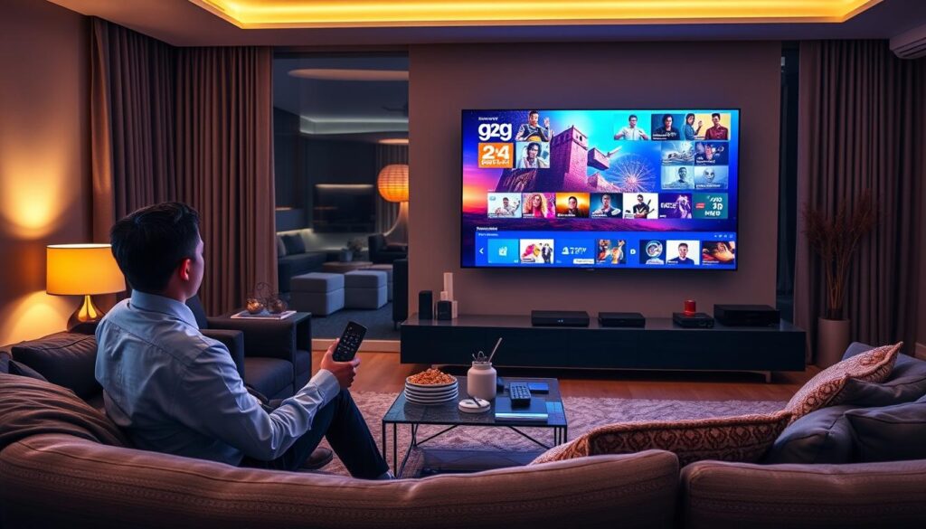 A modern living room setting featuring a flat-screen TV displaying vibrant streaming content related to g2g IPTV. In the foreground, a comfortable couch with a relaxed individual, dressed in professional attire, engaged in watching the screen. The middle section includes cozy decorations like a stylish coffee table with a remote control and snacks, and a sleek media console filled with various streaming devices. The background displays warm ambient lighting, soft shadows, and a large window revealing a sunset outside, creating a relaxed yet engaging atmosphere. The overall mood should be inviting and focused on entertainment, emphasizing the richness of the IPTV experience.