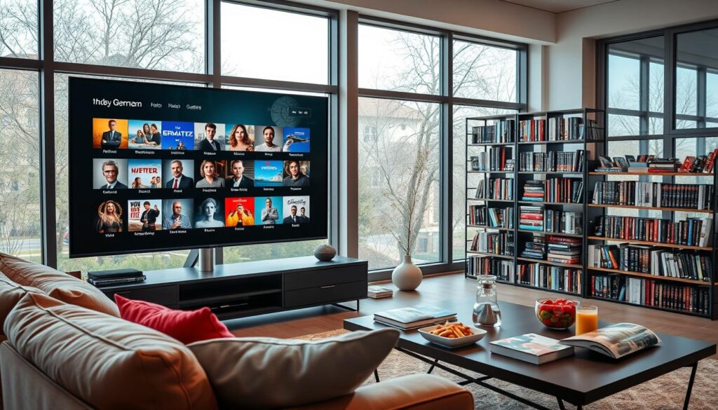 A modern living room setting, featuring a large flat-screen TV displaying a diverse selection of German and international television programs. In the foreground, a cozy couch adorned with colorful cushions. To the right, a stylish coffee table with snacks and drinks, hinting at a relaxed viewing atmosphere. In the middle, a bookshelf filled with various DVDs and books about film and culture, showcasing the blend of local and global entertainment. The background has large windows allowing natural light to flood the room, creating a warm and inviting ambiance. The lighting is soft, with a focus on the TV screen, enhancing the mood of casual entertainment and cultural exploration. The overall feel is inviting and diverse, reflecting the richness of content in German television and its international offerings.