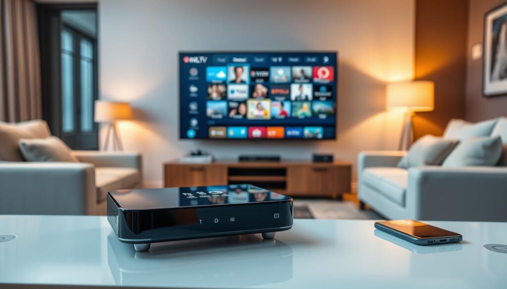 A modern living room setting featuring a sleek Android IPTV player prominently displayed on a stylish entertainment center. In the foreground, the IPTV player exudes sophistication with a glossy finish and illuminated buttons. In the middle ground, a large high-definition television showcases a vibrant streaming interface, demonstrating user-friendly features like live TV, on-demand content, and intuitive navigation. Soft lighting creates a warm atmosphere, highlighting the integration of smart devices with cozy furniture. The background includes subtle hints of modern technology, such as a tablet and smartphone, suggesting connectivity and convenience. The overall mood is inviting and contemporary, reflecting the innovative nature of modern IPTV apps.