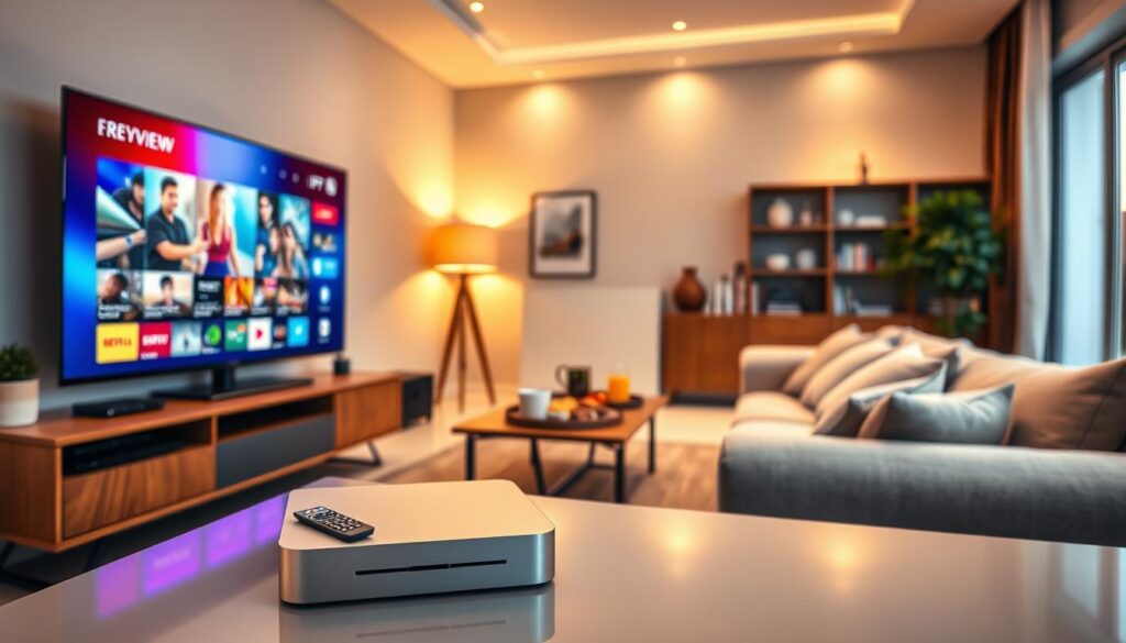A modern living room setting featuring a sleek IPTV device placed prominently on a stylish entertainment unit. The foreground showcases a large flat-screen TV displaying vibrant streaming content, with a remote control beside it. In the middle, a comfortable couch with plush cushions invites viewers into a cozy atmosphere, while a coffee table holds snacks and drinks, suggesting a relaxed viewing experience. The background features warm, soft lighting from lamps casting a gentle glow, enhancing the inviting mood. Add elements of German decor to subtly reflect the target audience. Capture the scene from a slightly elevated angle to provide depth, and use a lens that emphasizes clarity and detail, showcasing the quality and usability of IPTV from AliExpress.