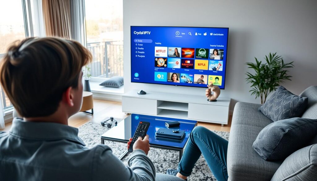 A modern living room setting featuring a sleek, contemporary TV displaying the Crystal IPTV app interface. In the foreground, a user, dressed in comfortable but professional casual attire, is interacting with a remote control, showcasing a focused and engaged expression. The middle ground includes a stylish coffee table with a few tech gadgets scattered around, highlighting a cozy yet tech-savvy atmosphere. In the background, large windows allow soft, natural light to fill the room, creating a warm and inviting ambiance. The overall mood is relaxed and informative, emphasizing ease of use and user experience with the app. The angle captures both the user and the TV screen clearly, providing a comprehensive view of the application in action.