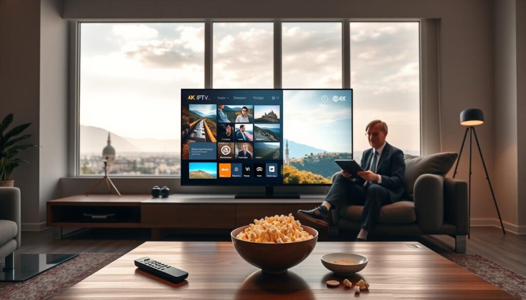 A modern living room setting featuring a sleek, ultra-high-definition television displaying vibrant 4K visuals of scenic Balkan landscapes. In the foreground, a stylish coffee table adorned with a remote control and a bowl of popcorn. The middle ground showcases a cozy sofa with two individuals in professional business attire, engaging with the IPTV interface on the screen—one holding a tablet, showcasing smooth streaming technology. Soft, ambient lighting creates a warm and inviting atmosphere with subtle reflections on the TV screen. The background reveals a window with a view of a picturesque cityscape, symbolizing connectivity and modern technology, emphasizing stability and high picture quality without buffering. The scene radiates a sense of comfort and sophistication. A modern living room setting featuring a sleek, ultra-high-definition television displaying vibrant 4K visuals of scenic Balkan landscapes. In the foreground, a stylish coffee table adorned with a remote control and a bowl of popcorn. The middle ground showcases a cozy sofa with two individuals in professional business attire, engaging with the IPTV interface on the screen—one holding a tablet, showcasing smooth streaming technology. Soft, ambient lighting creates a warm and inviting atmosphere with subtle reflections on the TV screen. The background reveals a window with a view of a picturesque cityscape, symbolizing connectivity and modern technology, emphasizing stability and high picture quality without buffering. The scene radiates a sense of comfort and sophistication.
