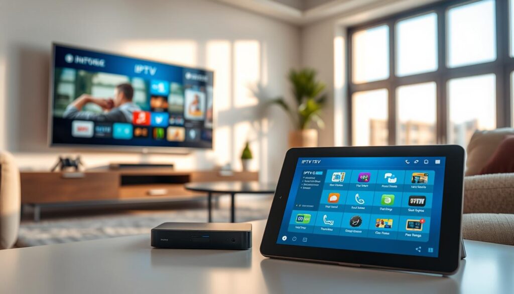 A modern living room setting featuring various compatible devices for streaming IPTV Greek, such as a sleek flat-screen TV, a set-top box, and a tablet displaying the IPTV interface. In the foreground, show the tablet with a vibrant screen, showcasing the IPTV Greek menu. The middle ground should include the television, elegantly mounted on the wall, with soft ambient lighting highlighting the modern decor of the room. In the background, large windows allow natural sunlight to flood the space, creating a warm and inviting atmosphere. The mood should be contemporary and tech-savvy, emphasizing the convenience and accessibility of IPTV streaming. Capture the scene with a wide-angle lens to showcase the entire room, ensuring everything is well-lit and visually appealing, with no text or overlays.