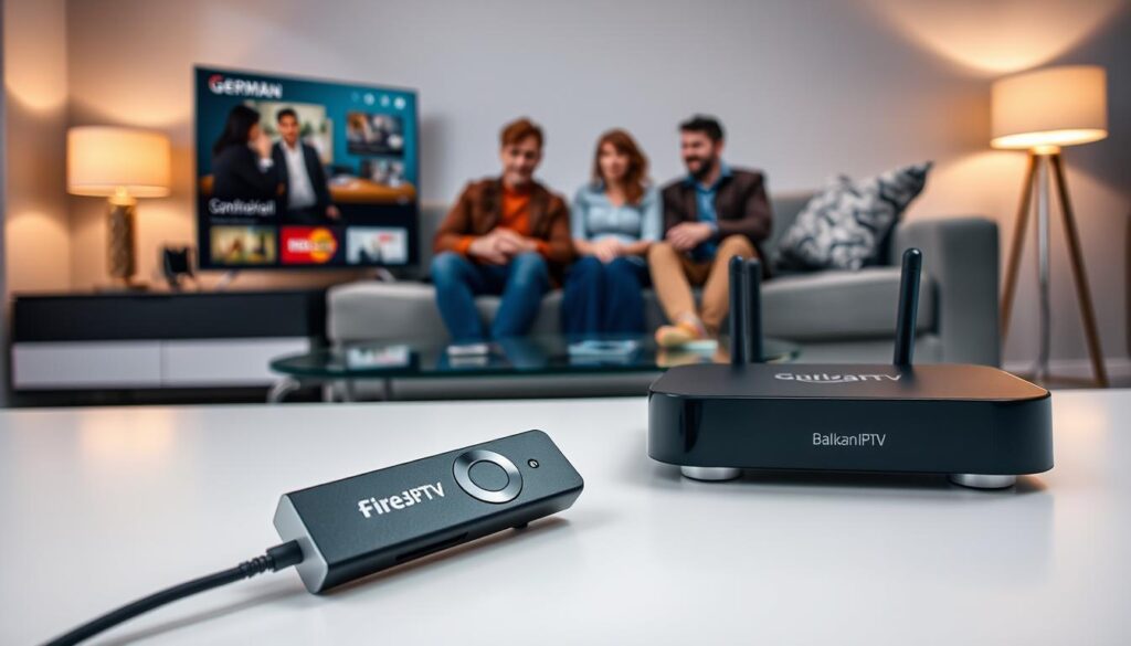 A modern living room setting featuring various devices supporting Balkan IPTV. In the foreground, a sleek Amazon Firestick plugged into a flat-screen Smart TV showcasing the IPTV interface. Beside it, a compact streaming box on a stylish console table, surrounded by a comfortable sofa with decorative cushions. In the middle ground, a family of four is gathered, engaged in watching German television, dressed in casual yet presentable clothing, conveying a sense of enjoyment and connectivity. The background shows contemporary decor with soft, ambient lighting from a nearby lamp, enhancing the warm and inviting atmosphere. The perspective is slightly angled to capture the devices and the family's expressions, creating a vibrant and informative visual. A modern living room setting featuring various devices supporting Balkan IPTV. In the foreground, a sleek Amazon Firestick plugged into a flat-screen Smart TV showcasing the IPTV interface. Beside it, a compact streaming box on a stylish console table, surrounded by a comfortable sofa with decorative cushions. In the middle ground, a family of four is gathered, engaged in watching German television, dressed in casual yet presentable clothing, conveying a sense of enjoyment and connectivity. The background shows contemporary decor with soft, ambient lighting from a nearby lamp, enhancing the warm and inviting atmosphere. The perspective is slightly angled to capture the devices and the family's expressions, creating a vibrant and informative visual.