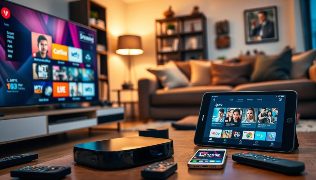 A modern living room setting featuring various streaming devices and apps for easy IPTV streaming. In the foreground, an elegant Smart TV displays a colorful streaming menu, while a sleek streaming device sits beside it on a stylish media console. In the middle, a tablet shows an IPTV app interface, glowing softly with inviting colors. Surrounding the devices are scattered remotes and a smartphone with notifications of live shows. The background captures a cozy ambiance with warm lighting, soft couches, and a decorative bookshelf. The atmosphere is lively yet relaxed, suggesting comfort and convenience for streaming. Ensure the composition is well-lit, focusing on the devices and their screens to highlight their use in everyday life.