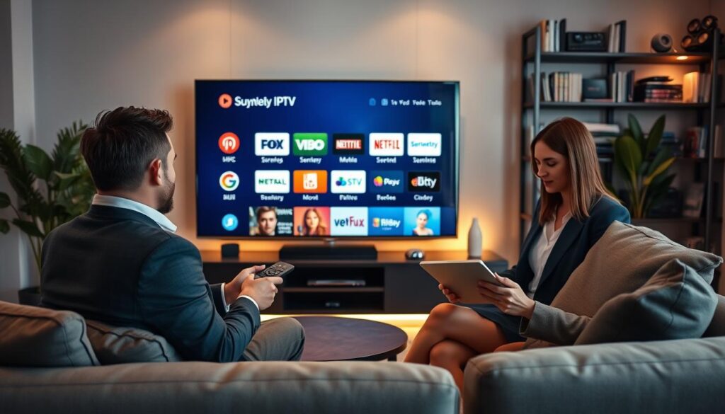 A modern living room setting showcases a sleek entertainment center featuring a large flat-screen TV displaying various IPTV and streaming service icons. In the foreground, a man in smart casual attire sits on a comfortable sofa, holding a remote control, deeply engaged in choosing from options on the screen. To the side, a woman dressed in professional business attire analyzes her tablet, displaying a comparison of subscription plans. Soft ambient lighting creates a cozy yet tech-savvy atmosphere, with decorative indoor plants in the corners adding a touch of nature. The background features a stylish shelving unit filled with books and gadgets, emphasizing the fusion of traditional media and new technology. The overall mood conveys excitement about digital content possibilities.