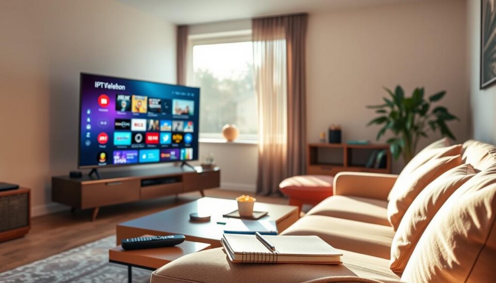 A modern living room setting showcasing a sleek IPTV setup. In the foreground, a stylish flat-screen TV displays a vibrant user interface of IPTV Telekom, featuring various program icons. Nearby, a comfortable sofa with plush cushions invites relaxation. The middle ground includes a low coffee table with a remote control, snacks, and a notebook for jotting down experiences. A large window in the background allows natural light to fill the room, casting soft shadows. The atmosphere is warm and inviting, suggesting a cozy film-watching evening. Use a soft, diffused lighting effect to enhance the mood, capturing a sense of comfort and enjoyment while watching IPTV Telekom services. A modern living room setting showcasing a sleek IPTV setup. In the foreground, a stylish flat-screen TV displays a vibrant user interface of IPTV Telekom, featuring various program icons. Nearby, a comfortable sofa with plush cushions invites relaxation. The middle ground includes a low coffee table with a remote control, snacks, and a notebook for jotting down experiences. A large window in the background allows natural light to fill the room, casting soft shadows. The atmosphere is warm and inviting, suggesting a cozy film-watching evening. Use a soft, diffused lighting effect to enhance the mood, capturing a sense of comfort and enjoyment while watching IPTV Telekom services.