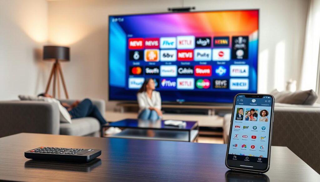 A modern living room setting showcasing a vibrant television displaying diverse TV channels available in Germany. In the foreground, a sleek coffee table with a remote control and a smartphone indicating an IPTV app interface. The middle ground features a comfortable sofa where a diverse family, dressed in casual, professional attire, is engaged in watching television together, exuding a sense of enjoyment and connection. The background includes a window with natural light streaming in, casting soft shadows that enhance the cozy atmosphere. The overall mood is warm and welcoming, emphasizing the theme of entertainment options available in Germany with colorful imagery of various channel logos softly rendered on the TV screen.