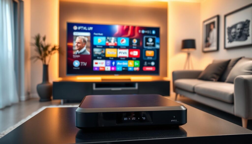 A modern living room setting showcasing an IPTV player on a sleek black media console. In the foreground, a high-end flat-screen television displays vibrant streaming content. The middle layer features a user interface on the IPTV player, intricately designed with colorful icons representing various channels and apps. Include a comfortable sofa in the background, with warm, ambient lighting creating a cozy atmosphere. The walls are adorned with minimalist art, enhancing the contemporary feel of the space. Natural light filters in from a nearby window, softening the scene. The mood is inviting and tech-savvy, embodying the flexibility and challenges associated with IPTV players in Germany. The angle focuses slightly from above to highlight the player’s features and the overall setup.