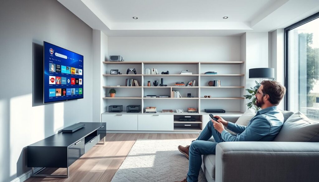 A modern living room setting softly illuminated by natural light streaming through a large window. In the foreground, a slim, stylish TV mounted on the wall displays a vibrant IPTV 4 Free interface, showcasing a variety of channels. A person in professional casual attire sits comfortably on a sleek sofa, intently browsing options on a smart remote. In the middle ground, shelves are filled with tech gadgets and books about digital technology, symbolizing knowledge and innovation. The background features a minimalist decor with subtle colors, creating a serene atmosphere. The overall mood is tech-savvy and informative, reflecting the possibilities and limitations of IPTV 4 Free in Germany. Capture this scene using a wide-angle lens to emphasize the spaciousness and warmth of the room. A modern living room setting softly illuminated by natural light streaming through a large window. In the foreground, a slim, stylish TV mounted on the wall displays a vibrant IPTV 4 Free interface, showcasing a variety of channels. A person in professional casual attire sits comfortably on a sleek sofa, intently browsing options on a smart remote. In the middle ground, shelves are filled with tech gadgets and books about digital technology, symbolizing knowledge and innovation. The background features a minimalist decor with subtle colors, creating a serene atmosphere. The overall mood is tech-savvy and informative, reflecting the possibilities and limitations of IPTV 4 Free in Germany. Capture this scene using a wide-angle lens to emphasize the spaciousness and warmth of the room.