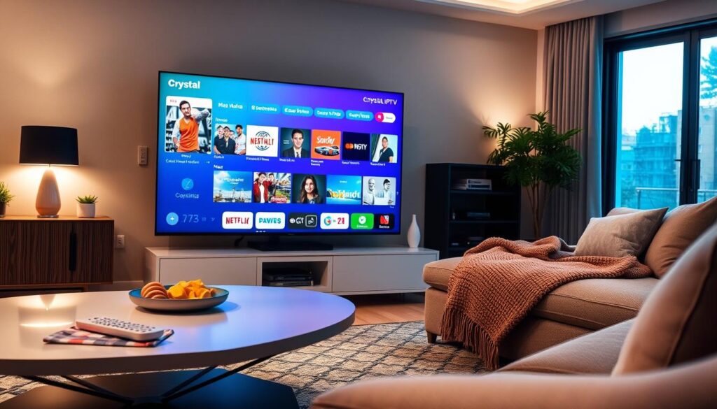 A modern living room setting with a sleek flat-screen TV displaying a vibrant interface of Crystal IPTV, showcasing a variety of channels and program options like movies, sports, and news. In the foreground, a stylish coffee table holds a remote control and snacks, inviting users to interact. The middle ground features a comfortable sofa with soft cushions and a warm throw, while a large window in the background allows natural light to flood the room, creating an inviting atmosphere. The overall mood is relaxed and cozy, with a slight glow from the TV screen illuminating the room. Capture this scene from a slightly angled perspective to enhance depth, using soft, warm lighting to evoke a friendly home environment.