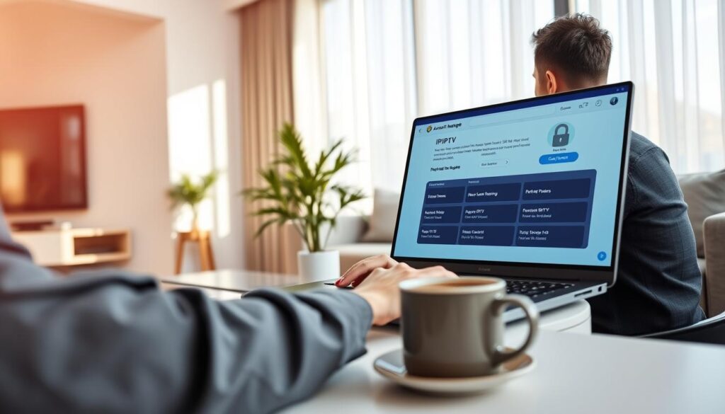 A modern living room setting with a sleek, minimalist design. In the foreground, a professional-looking individual in smart casual attire is seated at a desk, attentively working on a laptop displaying an IPTV account management interface. The screen shows a clean, user-friendly layout with security features highlighted. In the middle ground, a potted plant adds a touch of nature, while a coffee mug sits beside the laptop, creating a cozy atmosphere. The background features a large window allowing natural light to illuminate the space, casting soft shadows. The mood is focused and secure, conveying a sense of control and safety in managing IPTV account information. The composition is balanced, with a slight depth of field effect to enhance the viewer's focus on the subject.