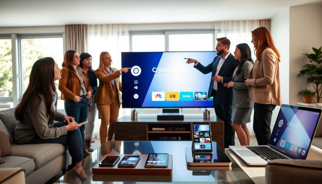 A modern living room setting with a sleek smart TV displaying the Crystal IPTV interface. In the foreground, a diverse group of people, dressed in professional casual attire, are engaged in a discussion while pointing at the screen, demonstrating the device compatibility feature. In the middle ground, a coffee table holds various devices including a smartphone, tablet, and laptop, all connected and displaying the Crystal IPTV app. The background features a bright, airy atmosphere with natural light streaming through large windows, accentuating the contemporary décor. Soft shadows create a warm and inviting mood, highlighting the accessibility of Crystal IPTV on various devices.