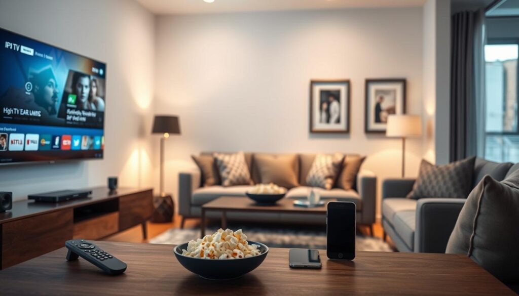 A modern living room setup featuring a high-definition television displaying an IPTV interface. In the foreground, a sleek, minimalist entertainment unit is adorned with a remote control, a tablet, and a smartphone showing a streaming app. In the middle ground, a comfortable couch is arranged with throw pillows, and a stylish coffee table holds a bowl of popcorn, suggesting a casual viewing experience. The background shows a wall with framed artwork, creating a warm and inviting atmosphere. Soft, ambient lighting illuminates the space, adding a cozy feel, while natural light pours in from a nearby window. The image should evoke a sense of ease and readiness for setup and activation of IPTV services, showcasing a contemporary home environment.