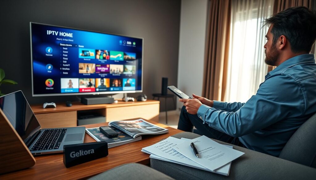 A modern living room setup featuring a person in professional attire setting up an IPTV device, surrounded by gadgets like a laptop, remote controls, and various streaming devices. In the foreground, focus on the person attentively configuring the IPTV interface on a sleek large television screen, highlighting vibrant streaming options. In the middle, include a coffee table with tech magazines and a notepad filled with notes about Cardsharing IPTV. The background should show a window with natural light streaming in, creating a warm and inviting atmosphere. Soft shadows and a slight lens blur on the background enhance focus on the setup process, evoking a sense of modern technology and home entertainment innovation.