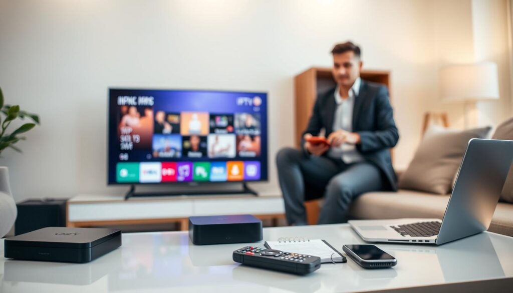 A modern living room setup featuring a sleek television displaying an IPTV interface, surrounded by various compatible devices like a streaming box, laptop, and mobile device. In the foreground, a stylish coffee table with a remote control and a notepad, representing user experience and interaction. The middle ground shows a relaxed individual in business casual attire, examining the IPTV setup with curiosity. The background has soft, ambient lighting that creates an inviting atmosphere. A subtle depth of field blur enhances focus on the IPTV devices while maintaining a spacious feel in the room. The overall mood is tech-savvy and user-friendly, emphasizing the compatibility and technical aspects of G2G IPTV.
