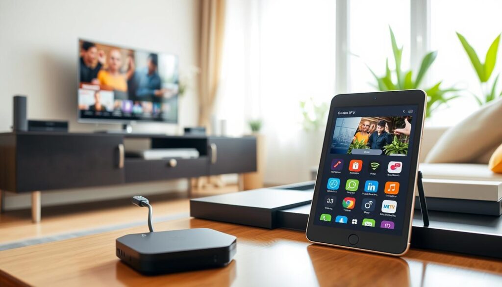 A modern living room setup featuring various compatible devices for garden IPTV installation. In the foreground, there's a sleek IPTV box connected to a flat-screen television on a stylish media console. A remote control lies beside it. In the middle ground, a smartphone and tablet displaying the garden IPTV interface are positioned atop a coffee table, illustrating cross-device compatibility. The background shows a bright, airy window with green plants, suggesting a cozy atmosphere. Soft, natural lighting filters in, enhancing the inviting feel of the space. The angle is slightly elevated, giving a comprehensive view of the room while focusing on the devices.