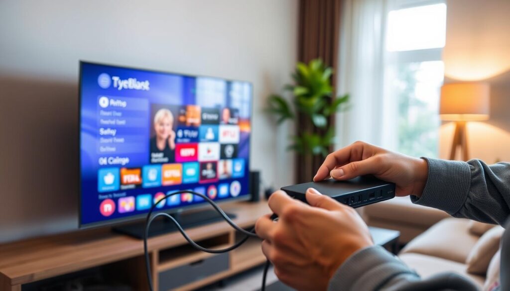 A modern living room setup showcasing the installation of a streaming device for IPTV service. In the foreground, a sleek, contemporary entertainment center with a prominent smart TV displaying a vibrant menu screen. Hands of a person (dressed in casual yet tidy clothing) can be seen connecting cables and setting up the device. The middle ground features a comfortable sofa with cushions, inviting a cozy atmosphere. In the background, a well-lit room with warm lighting from a table lamp, and a window showing a hint of outdoor greenery. The overall mood is focused, relaxed, and tech-savvy, reflecting a seamless experience in setting up a streaming service. The scene is composed using a slightly elevated angle to capture both the details of the setup and the inviting environment.