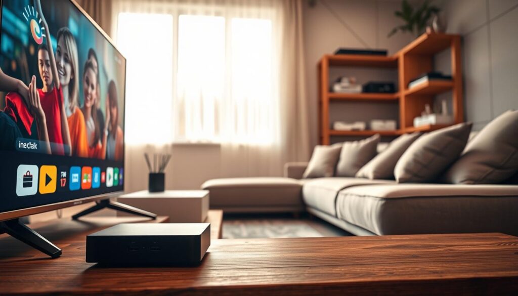 A modern living room setup showcasing the technical prerequisites for IPTV. In the foreground, a sleek, smart TV displays vibrant streaming content. Next to it, a contemporary streaming device sits neatly, with visible connectivity ports. In the middle ground, a cozy sofa faces the TV, adorned with minimalistic decorative pillows, creating an inviting space. The background features a bright window allowing natural light to flood the room, highlighting a well-organized shelf with tech gadgets like a router and network switches, symbolizing the importance of internet speed and hardware for IPTV. The overall mood is warm and tech-savvy, captured with soft lighting to enhance the comfort and innovation, with a focus on clarity and functionality, shot from a slightly elevated angle for an expansive view.