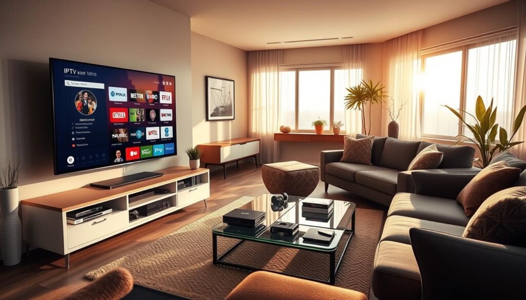 A modern living room setup with a sleek IPTV player prominently displayed on a stylish entertainment unit. In the foreground, the IPTV interface is visible on a large flat-screen television, showcasing a variety of M3U channel selections in a user-friendly layout. In the middle ground, a comfortable sofa in contemporary design is arranged, with coffee tables featuring tech gadgets and streaming devices nearby. The background includes a cozy atmosphere enhanced by warm, natural lighting filtering through large windows, casting soft shadows. Decorative elements include minimalistic wall art and plants, creating a professional yet inviting mood. The scene captures a seamless blend of technology and comfort, illustrating the concept of testing IPTV players in a domestic environment.