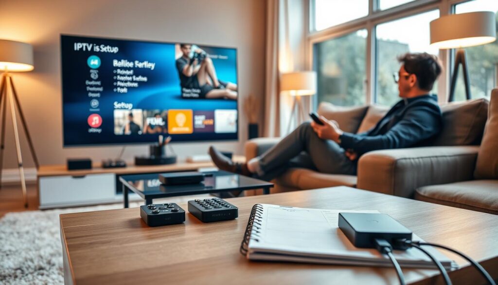 A modern living room setup with a sleek flat-screen TV displaying an IPTV interface. In the foreground, a stylish coffee table is set with remote controls and a notebook with a pen, suggesting setup instructions. A person in smart casual attire is seated on a comfortable sofa, focused on connecting devices, surrounded by various tech accessories like a streaming device and cables. The background features soft, warm lighting from floor lamps, and large windows with natural sunlight illuminating the space. The atmosphere is cozy and inviting, reflecting a relaxed and engaging environment for setting up IPTV at home.