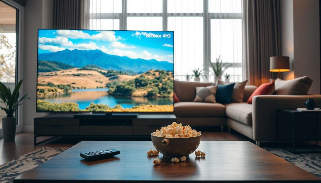 A modern living room showcasing a sleek UHD IPTV setup with a state-of-the-art 4K television as the focal point. The TV displays a vibrant, crystal-clear image of a scenic landscape, emphasizing stunning detail and color depth. In the foreground, a stylish coffee table holds a remote control and a bowl of popcorn, suggesting an inviting atmosphere for streaming. The middle layer features plush furniture, including a comfortable sofa adorned with decorative cushions, creating a cozy ambiance. In the background, soft natural light filters through large windows, illuminating the space and enhancing the inviting feel. The overall mood is warm and contemporary, perfect for enjoying high-quality entertainment in a home environment.