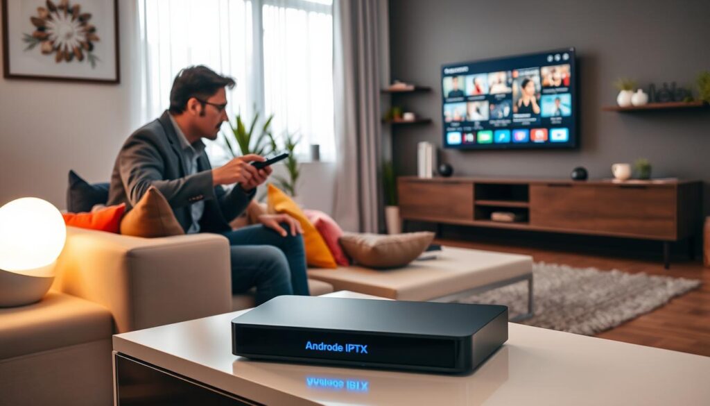 A modern living room showcasing a sleek, high-tech Android IPTV box on a stylish media console. In the foreground, a user, dressed in casual but professional attire, is interacting with a remote control, intensely focused on the TV screen which displays a vibrant IPTV interface. The middle layer features a cozy sofa adorned with colorful cushions, an ambient light casting a warm glow, enhancing the inviting atmosphere. In the background, a wall-mounted flat screen TV shows diverse streaming content, surrounded by minimalist decor like plants and bookshelves. The scene is well-lit with soft, natural lighting from a window, creating a relaxed and comfortable mood, inviting viewers to imagine their own user experience with IPTV technology.