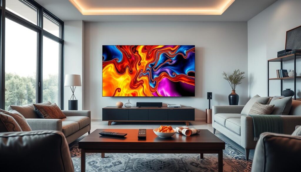 A modern living room showcasing a sleek television displaying vivid imagery, symbolizing high-definition streaming quality of Crystal IPTV. In the foreground, a stylish coffee table with a remote control and snacks highlights a relaxed environment. The middle layer features a comfortable sofa, adorned with cushions, and a decorative rug that adds warmth. Soft natural light filters through large windows, enhancing the clarity of the screen. In the background, a minimalist bookshelf and modern decor elements reinforce a contemporary feel. The overall atmosphere exudes comfort and sophistication, making it inviting for streaming entertainment. The color palette is balanced with cool tones, ensuring a focus on the rich quality of the image displayed on the TV.