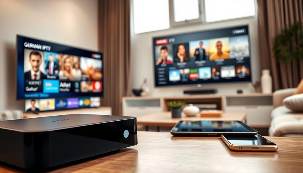 A modern living room showcasing various devices compatible with sansat IPTV. In the foreground, a sleek Smart TV displaying vibrant images of popular German channels. Beside it, a stylish media console holds a digital IPTV box with connection ports visible. In the middle ground, a tablet and smartphone are placed on a coffee table, demonstrating mobile compatibility. The background features a cozy atmosphere with soft, warm lighting to evoke a welcoming feel. The room is adorned with neutral tones, and a large window lets in soft daylight, emphasizing a sense of home. The angle is slightly elevated, providing a comprehensive view of the setup, without any distractions.