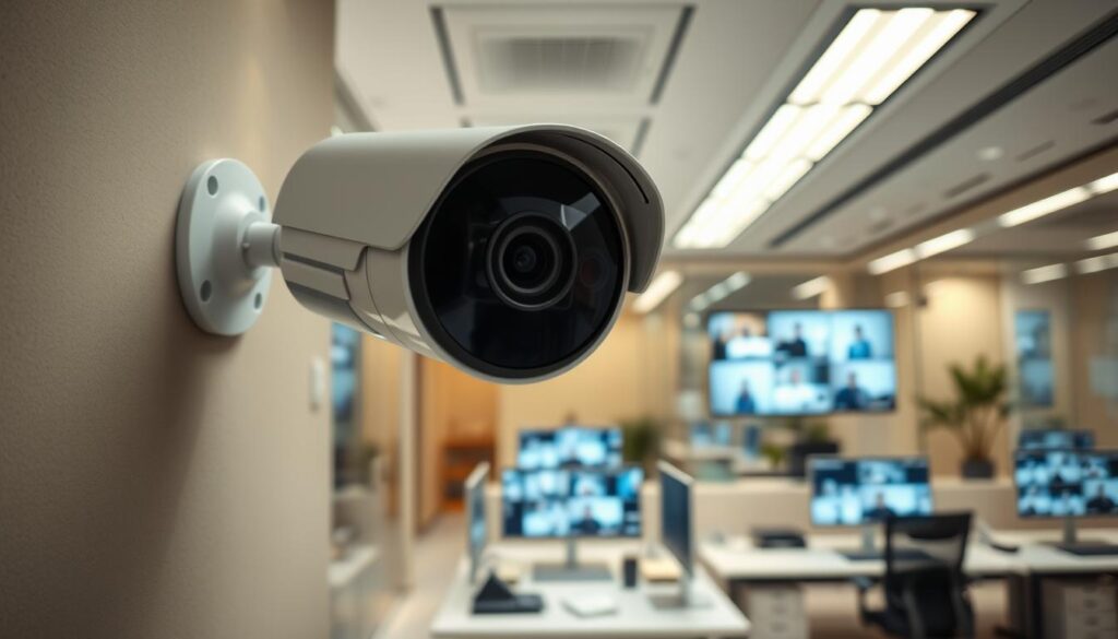 A modern office environment showcasing the latest IPTV cameras for video surveillance. In the foreground, feature a sleek, high-definition network camera mounted on the wall, with its lens prominently visible, capturing clear footage. The middle ground displays a workstation with multiple monitors displaying video feed from various angles, showcasing the effectiveness of the cameras. In the background, soft ambient lighting creates a professional atmosphere, with glass partitions separating different office spaces. The overall mood is one of security and sophistication, suggesting reliability and innovation in surveillance technology. The angle should highlight the camera's design and functionality without including any human figures. The setting should evoke a sense of safety and advanced technology.