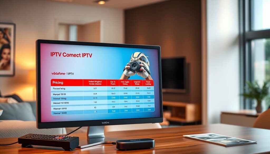 A modern office setting featuring a close-up view of a computer screen displaying an IPTV Vodafone pricing chart and tariff details, surrounded by elements representing digital entertainment, such as a remote control, streaming device, and a brochure. The background reveals a blurred view of a stylishly designed living room with a sleek television mounted on the wall, enhancing the theme of home viewing. Warm, soft lighting casts an inviting glow over the scene, creating a professional and informative atmosphere. The image is taken from a slightly elevated angle, emphasizing the importance of the IPTV tariffs while maintaining a clean and organized composition. This visual aims to convey clarity and understanding of IPTV Vodafone's costs and services.