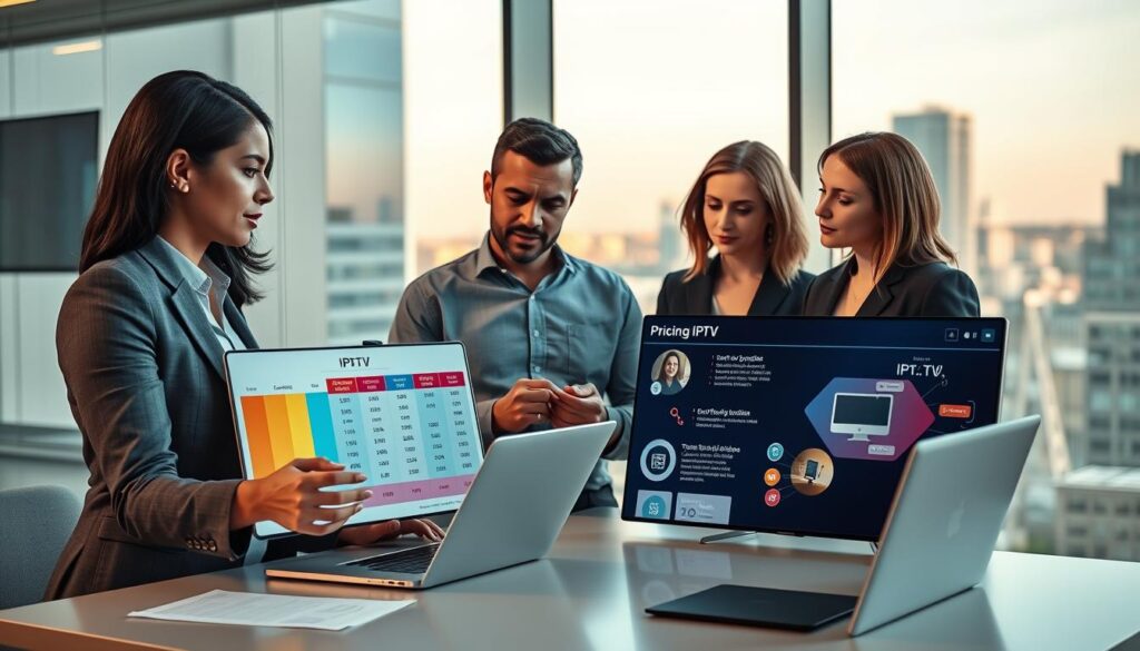 A modern office setting where a diverse group of three professionals is discussing IPTV pricing models. In the foreground, a Hispanic woman in business attire is presenting a colorful chart comparing prices and subscription plans on a laptop. Next to her, an African American man in a casual smart shirt is taking notes, while a Caucasian woman in a blazer is analyzing a digital display of IPTV features. The background features a sleek glass window revealing a cityscape of Germany, bathed in warm afternoon light. The atmosphere is collaborative and informative, emphasizing clarity and professionalism. The composition should convey a sense of trust, technology, and modern business dynamics, with a slight depth of field focusing on the group’s interaction.