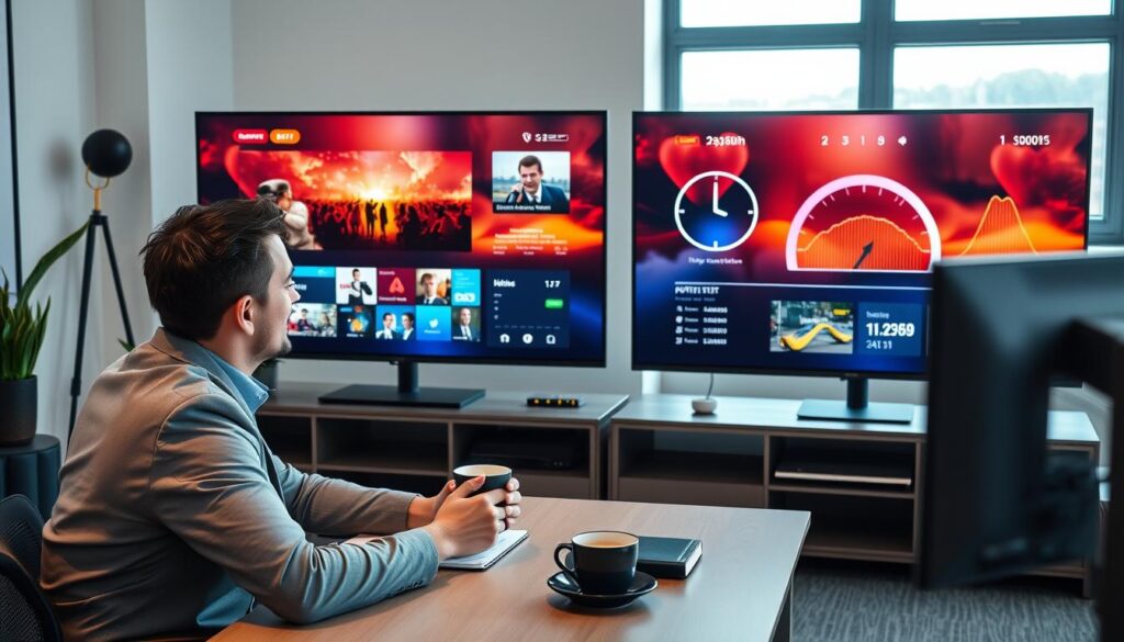 A modern office setting with a professional individual attentively evaluating IPTV services on two large screens displaying vibrant German television content. In the foreground, the individual, dressed in smart casual attire, sits at a stylish desk with a notebook and coffee cup. The middle layer reveals vivid details on the screens, depicting streaming interfaces showcasing various channels and a speed test graph indicating high reliability. The background features minimalist decor and a large window letting in soft, natural light, creating a calm and focused atmosphere. The image should convey a sense of professionalism, trust, and high-quality service evaluation, all captured with a balanced composition and bright, engaging colors.
