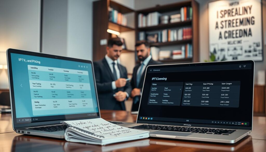 A modern office workspace focused on "Licensing and Pricing of IPTV Stream Players." In the foreground, a sleek laptop displays a user-friendly IPTV player interface with pricing options and licensing details prominently shown. Next to the laptop, a notepad with handwritten notes about upgrade options lies on a polished wooden desk. In the middle, a professional figure in business attire is intently observing the screen, holding a pen. The background features soft, ambient lighting, enhancing a productive atmosphere, with shelves filled with technology books and an inspirational poster about streaming technology on the wall. The overall mood is focused, informative, and sleek, conveying professionalism in digital media.