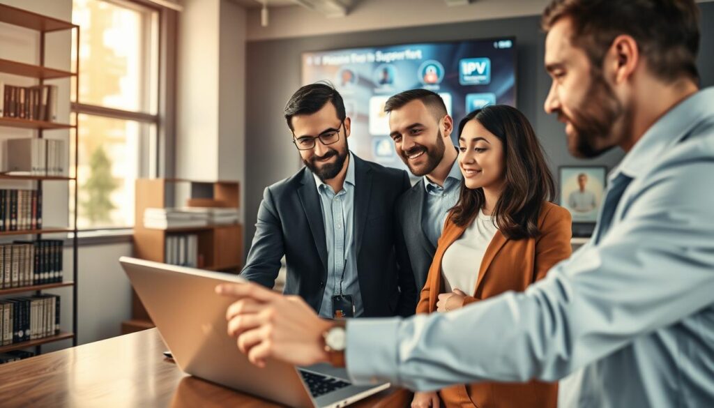 A modern, professional workspace setting focused on IPTV purchasing support and safety. In the foreground, a diverse group of three business professionals—two men and one woman—are engaged in a discussion, each wearing smart casual attire. One points at a laptop displaying IPTV options, while the others look on thoughtfully. The background depicts a sleek office with shelves of technology-related books and a large screen showing IPTV security features. Warm, natural light filters through a window, casting a soft glow over the scene, creating a welcoming yet professional atmosphere. The angle should be slightly elevated to capture both the group and the tech details clearly, emphasizing collaboration and trust in the IPTV purchasing process.