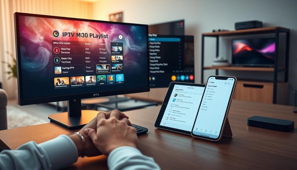 A modern, sleek computer desk setup showcasing an IPTV M3U playlist interface on a large monitor. In the foreground, a pair of hands is navigating through a colorful electronic guide, while an elegant tablet and smartphone display options for setting up IPTV on various devices. In the middle ground, there are subtle hints of a cozy living room ambiance with warm lighting, stylish furniture, and a potted plant, creating a welcoming atmosphere. In the background, a shelf features a collection of tech devices like a streaming box and a smart TV. The image conveys a sense of ease and sophistication, inviting the viewer to learn more about setting up IPTV playlists. Soft, warm lighting enhances the inviting mood, with a shallow depth of field focusing on the devices. A modern, sleek computer desk setup showcasing an IPTV M3U playlist interface on a large monitor. In the foreground, a pair of hands is navigating through a colorful electronic guide, while an elegant tablet and smartphone display options for setting up IPTV on various devices. In the middle ground, there are subtle hints of a cozy living room ambiance with warm lighting, stylish furniture, and a potted plant, creating a welcoming atmosphere. In the background, a shelf features a collection of tech devices like a streaming box and a smart TV. The image conveys a sense of ease and sophistication, inviting the viewer to learn more about setting up IPTV playlists. Soft, warm lighting enhances the inviting mood, with a shallow depth of field focusing on the devices.